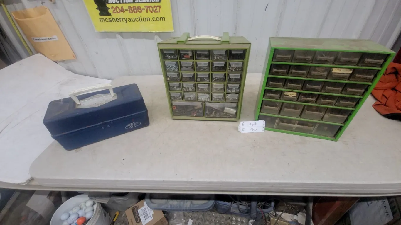 Two Green Multi-Drawer Organizers with hardware, Blue fishing box