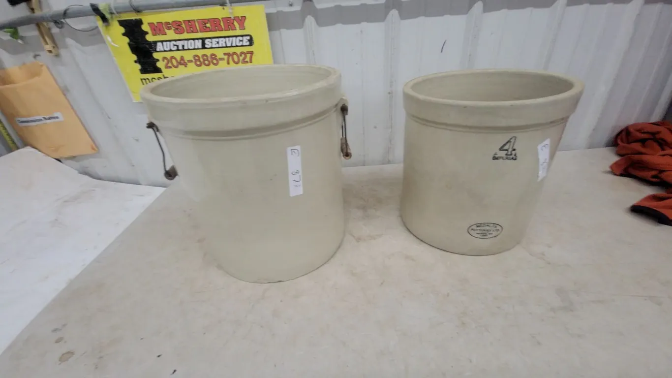 Two Imperial Stoneware Crocks and One Medalta Potteries