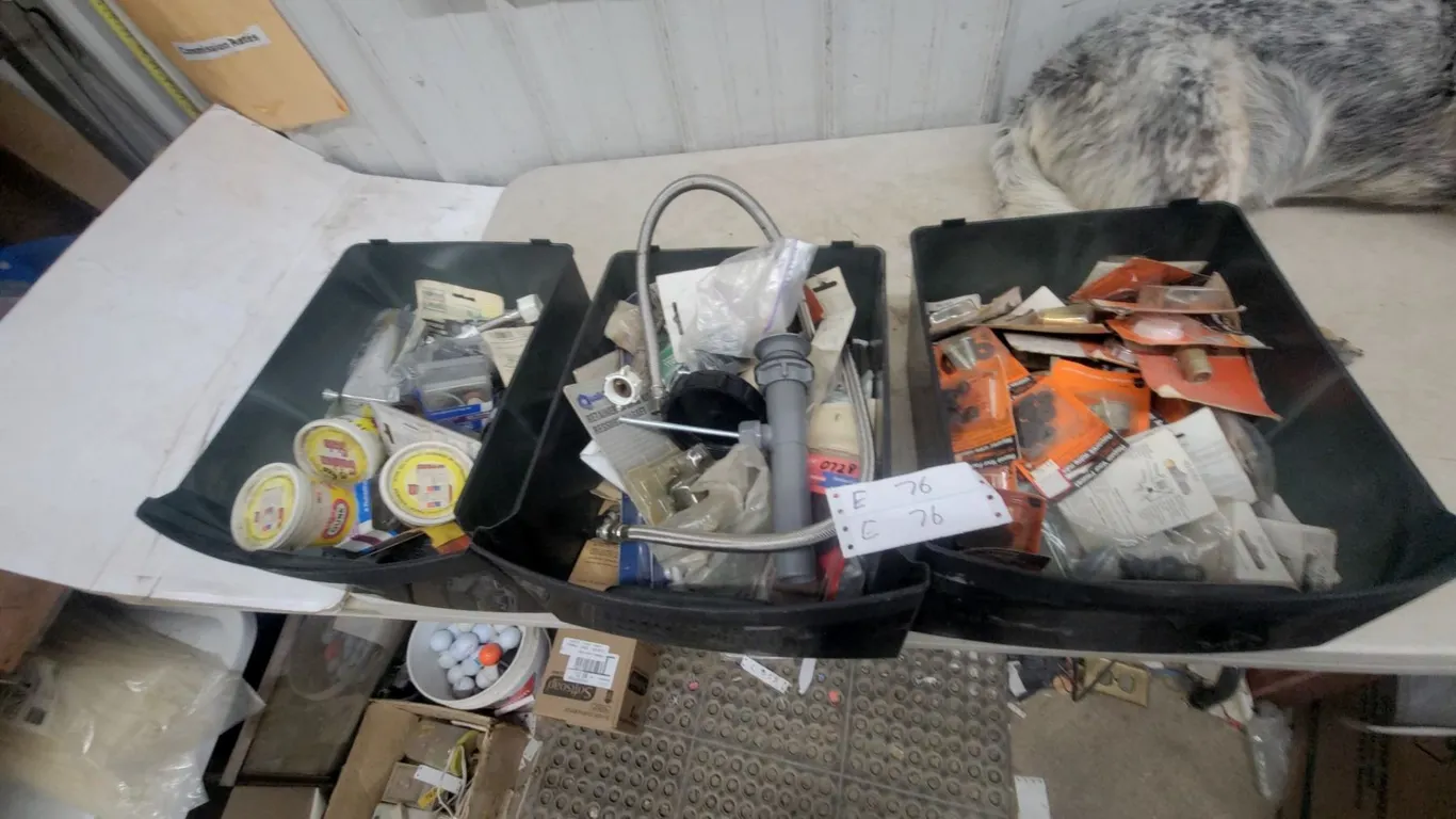 Three Totes of Plumbing and Hardware Supplies, Including Faucets, Drains, and Fasteners