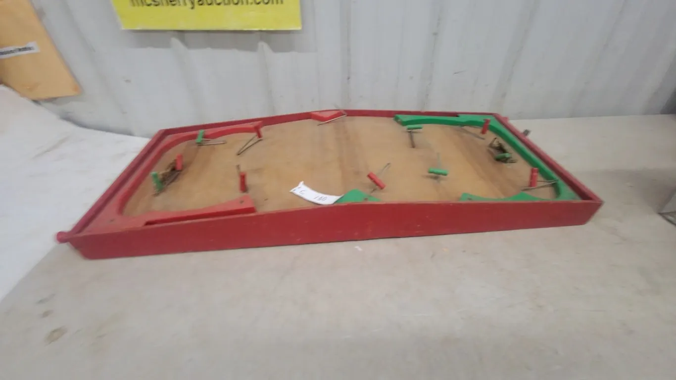 Early Vintage Wooden hockey Game, Red and Green Trim, with Metal Pins and Netting