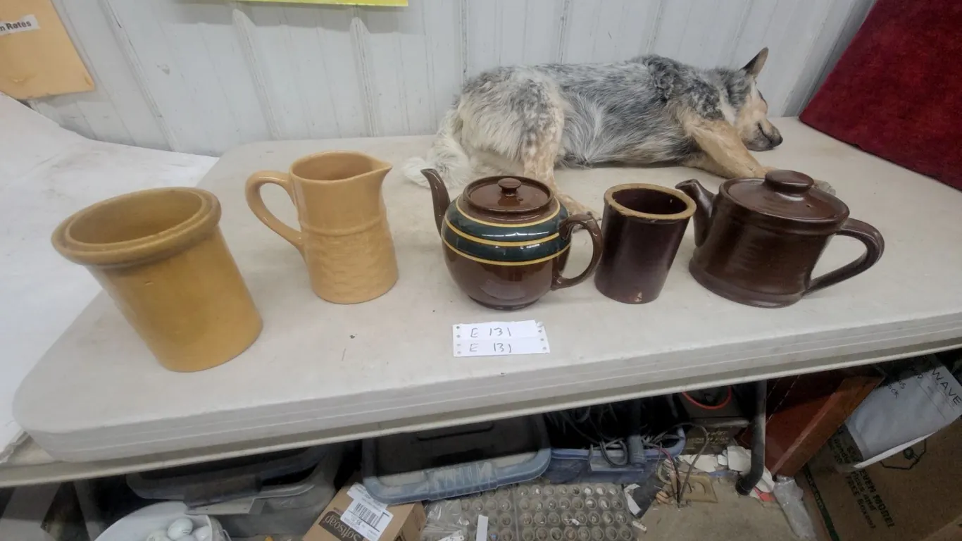 Stoneware Pottery Lot: Brown and Yellow Striped Teapot, 2 Brown Mugs, 2 Yellow Pitchers