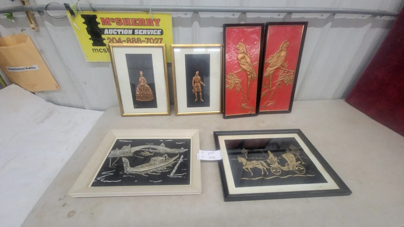 Assorted Wall Art: 2 Red and Gold Parrot Reliefs, 2 Gold Figure Reliefs, and More biggest one