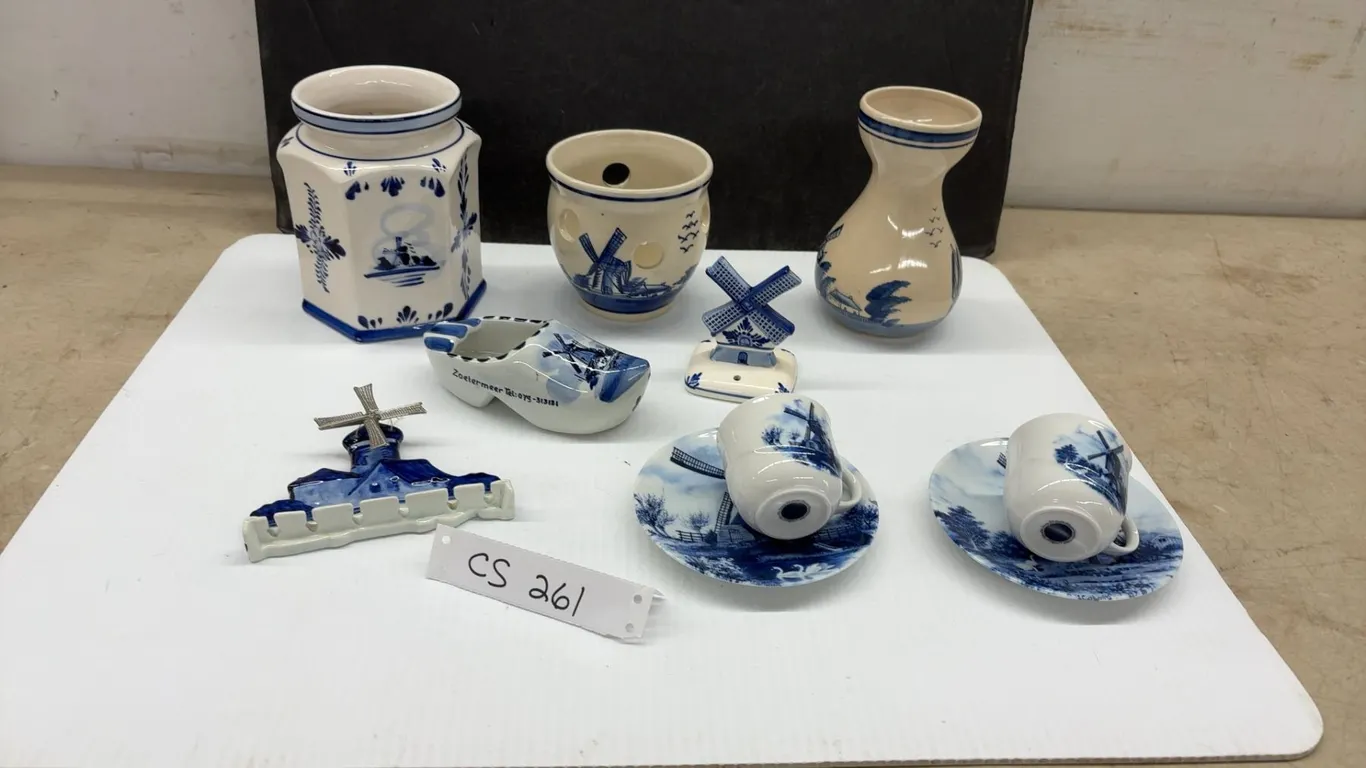 Delft Blue Dutch Ceramics, Windmill Vases, Clog Ashtray, Cups, 8 Pieces