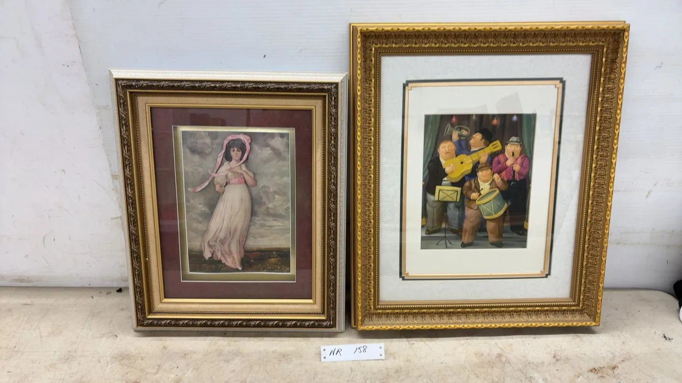 Two Framed Artworks: "Pinkie" 3D Portrait and Stylized Jazz Musicians Scene, Largest 21 × 18”