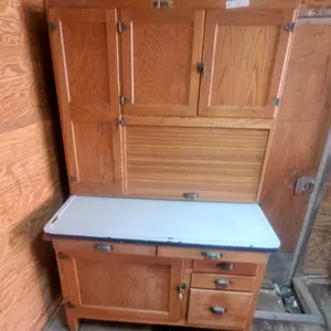 Hoosier Cabinet with Enamel Top, Roll-Top Bread Box, and Multiple Drawers and Cabinets 68”×40”×24”