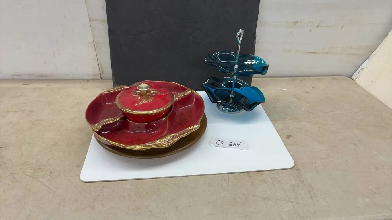 Mid-Century Italian Red Crackle 5-Section Lazy Susan Chip and Teal Glass 2-Tier Serving Stand