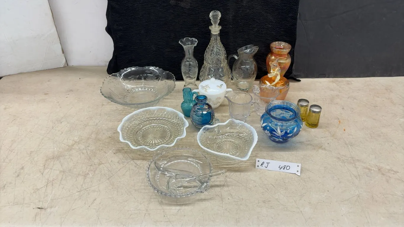 Assorted Vintage Glassware Including Etched Decanter, Carnival Glass Vase, Bowls, Shakers