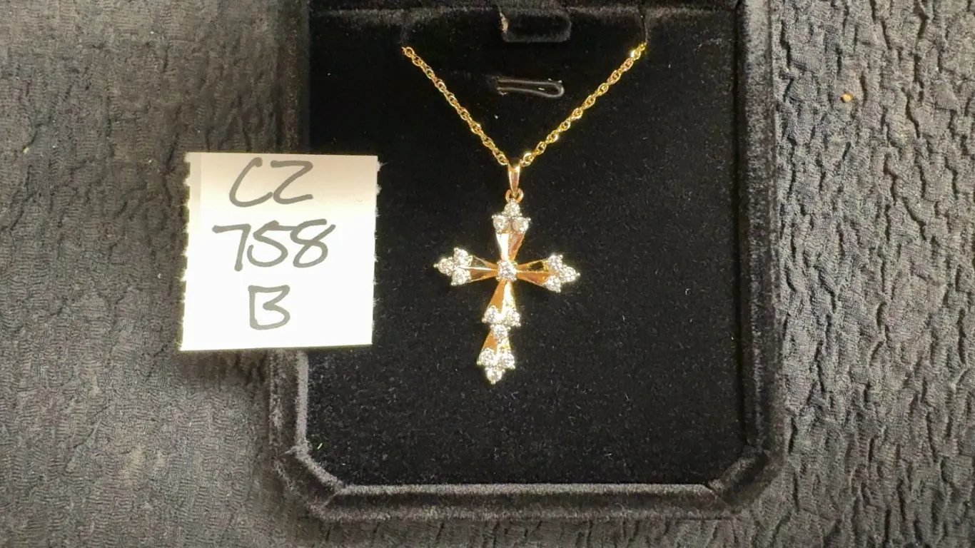 18K Gold Plated 32.0mm Simulated Diamond Cross Necklace, 18” Long