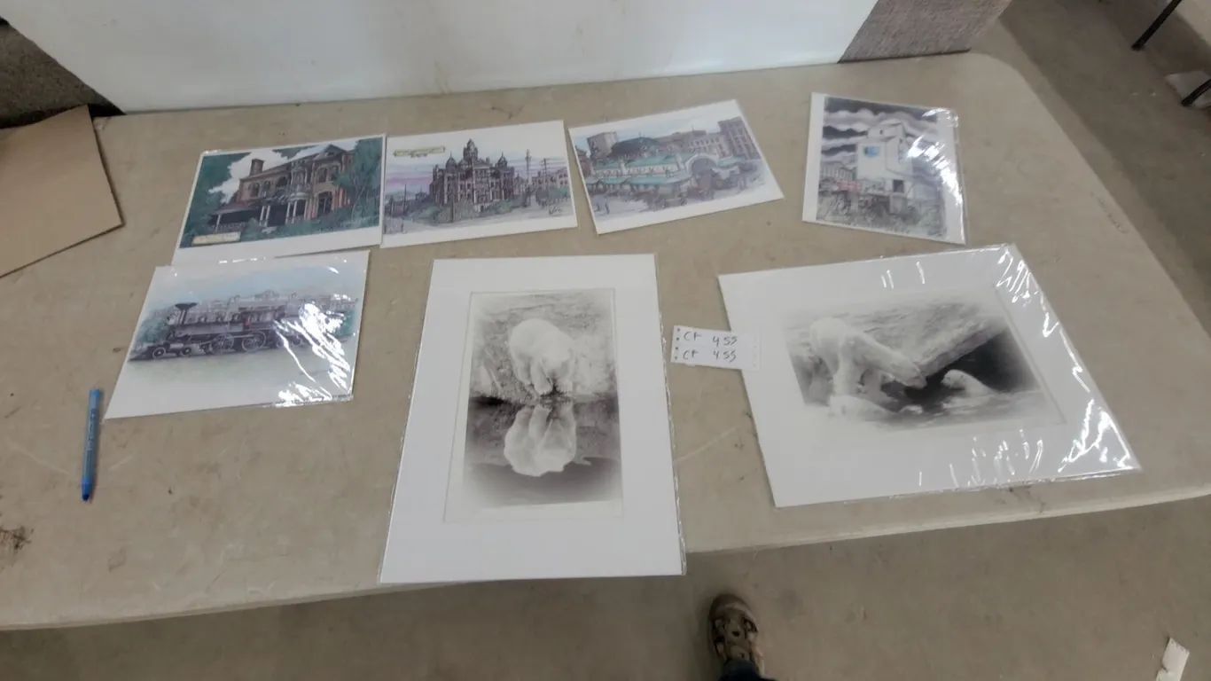 Assorted Art Prints: 2 Polar Bear Prints, Grain Elevator Print, and 4 Cityscape Prints