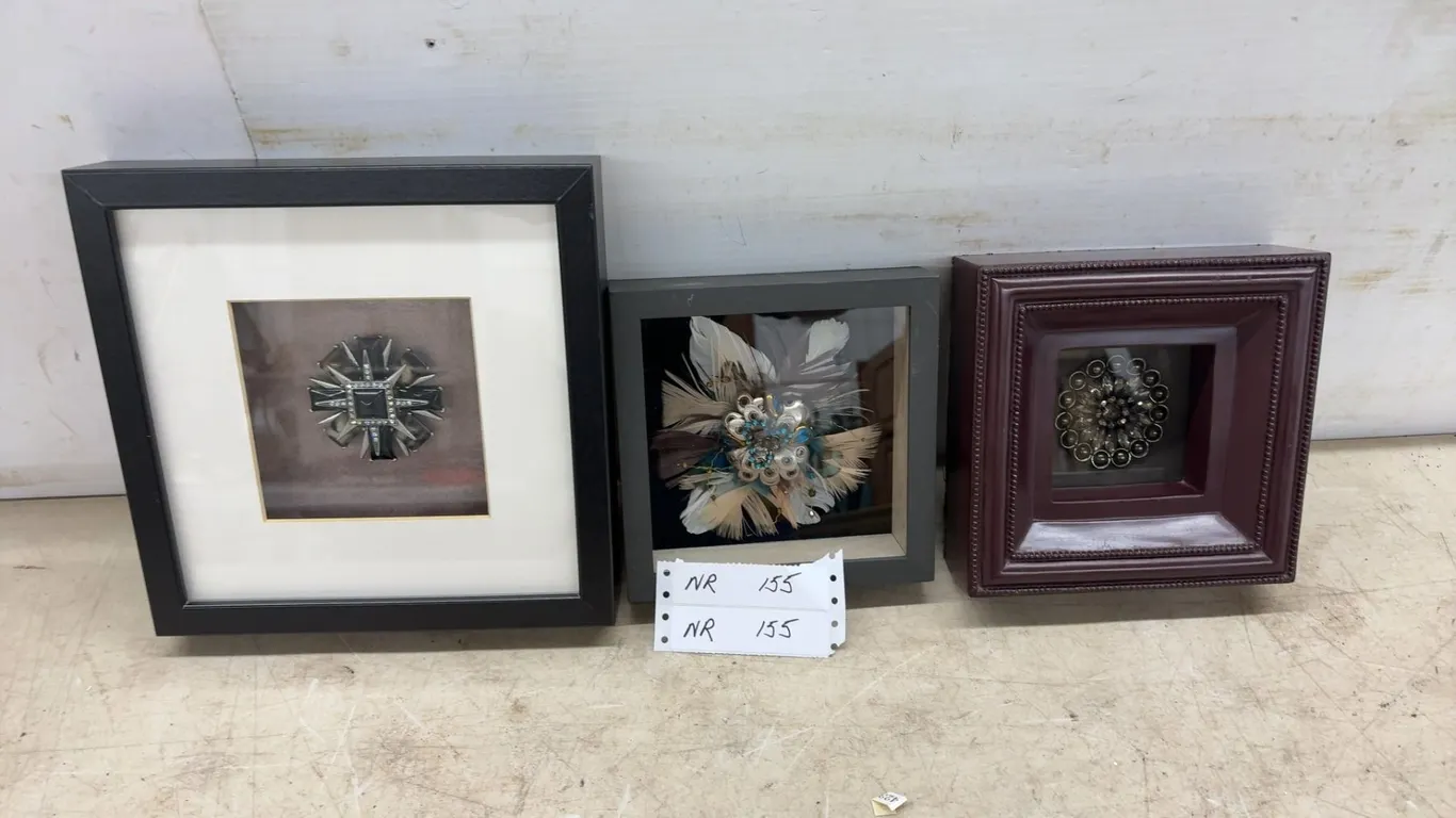Set of 3 Decorative Framed Shadow Boxes With Brooch, Feather, and Metallic Ornaments, Largest