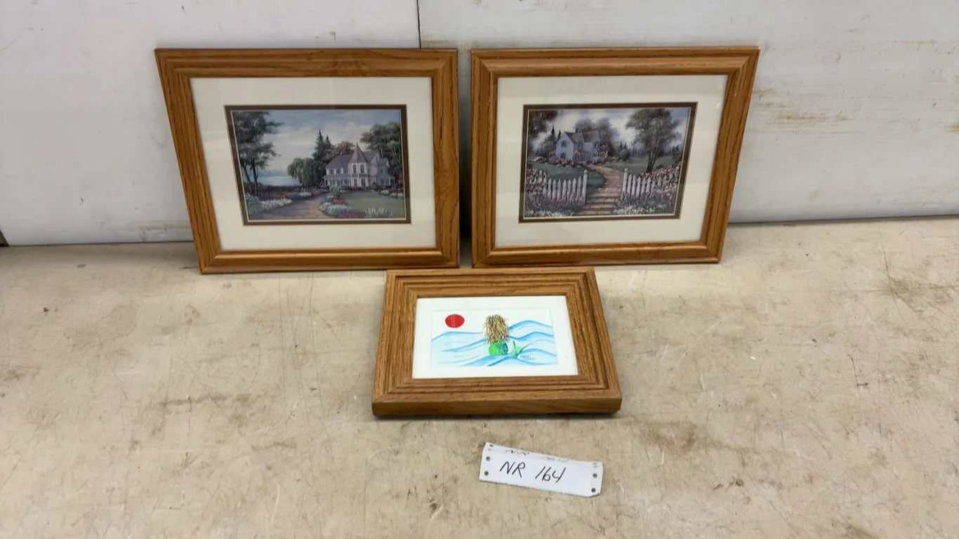 Three Framed Decorative Prints, Two Country House Landscapes and One Mermaid, Oak Frames, Largest