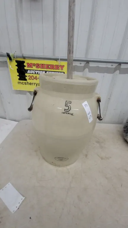 Imperial 5 Gallon Medalta Stoneware butterchurn with Lid and Wooden Plunger