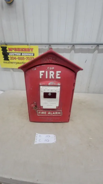 Gamewell Fire Alarm Box, "For Fire" and "Pull Down Hook" Labels, Red Metal Casing