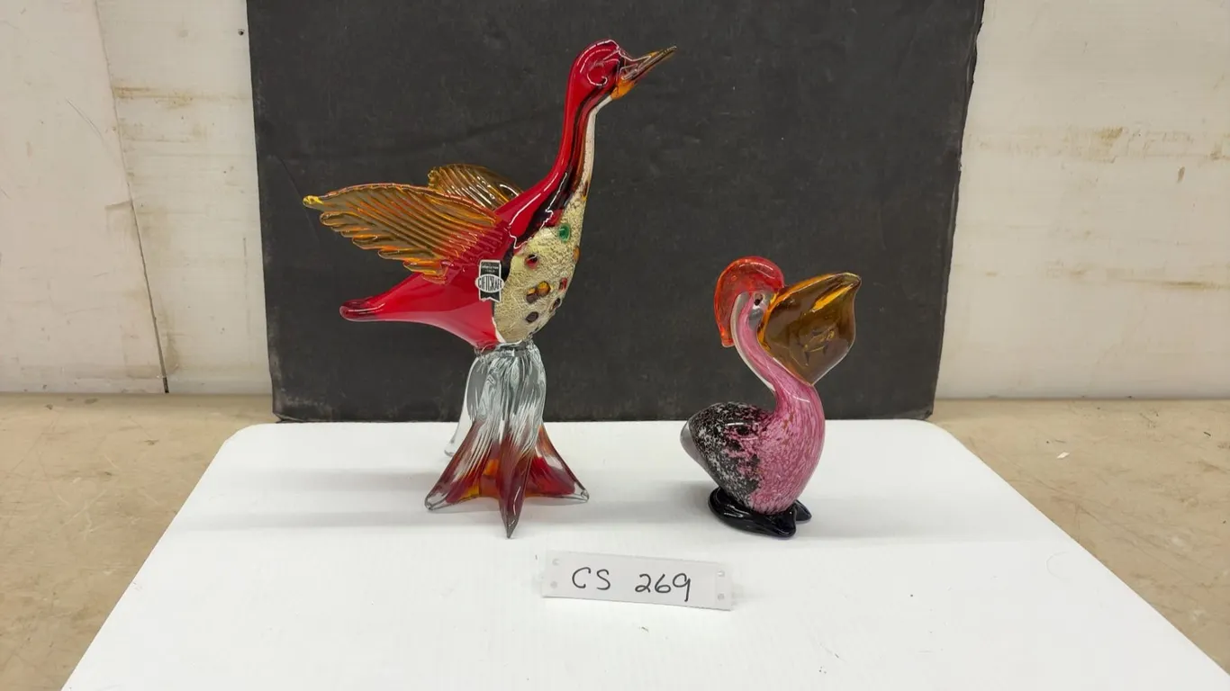 Gieffecraft Italian Art Glass Bird Figurine, 12 1/4” Tall and Pink Art Glass Pelican, 7” Tall
