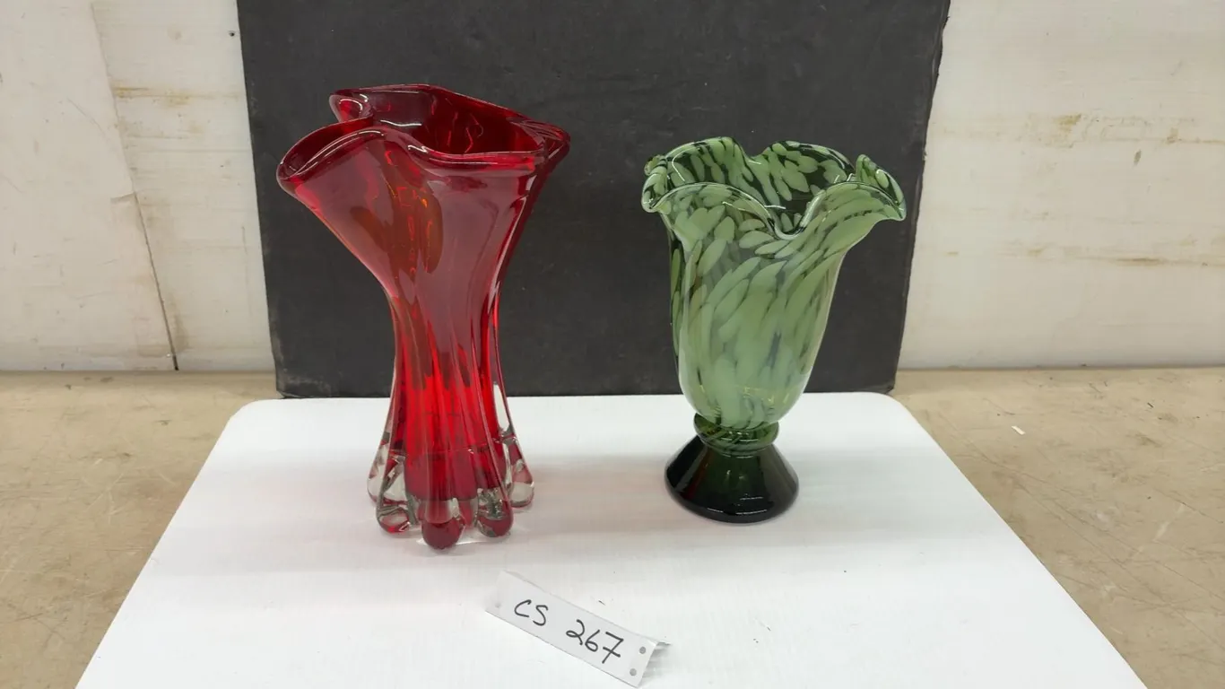 Two Art Glass Vases, Red Ruffled Rim With Lobed Clear Base and Green Mottled Pedestal, Tallest 11”