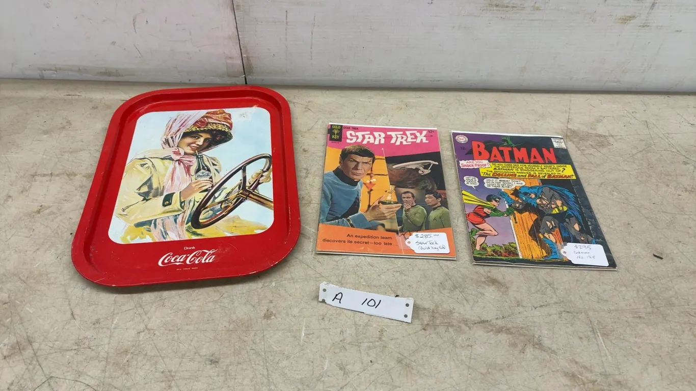 Coca-Cola "Woman at the Wheel" Tray, Gold Key Star Trek No. 4 and DC Batman No. 175 Comics