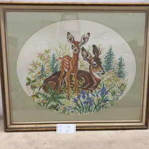 Framed Cross-Stitch Embroidery of Two Deer in Forest Setting, Wood Frame, 27 × 32”