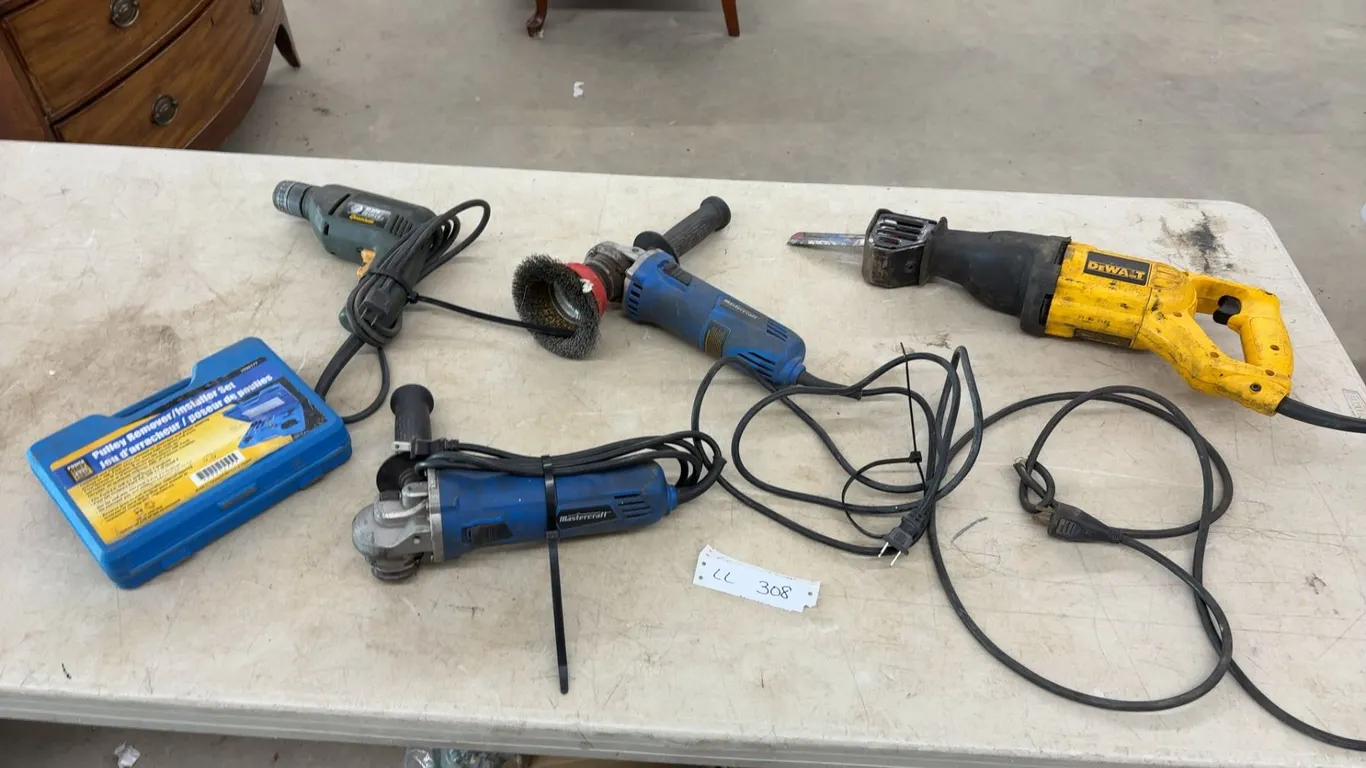 DeWalt Reciprocating Saw, Mastercraft Angle Grinders, and Drill