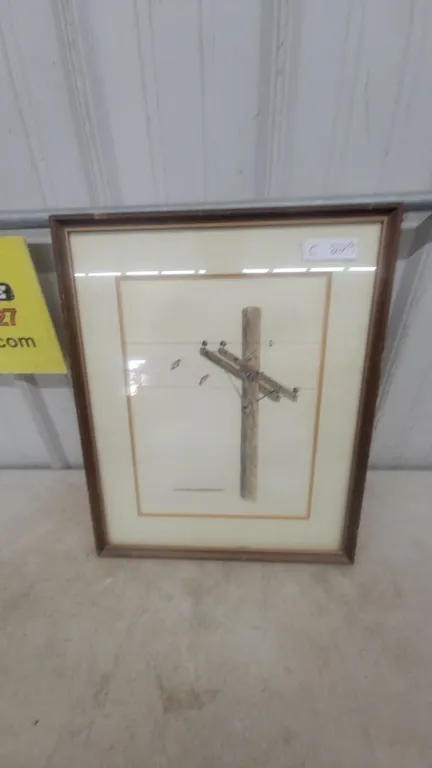 Framed Print of Birds on a Telephone Pole, Signed, 17”×21”