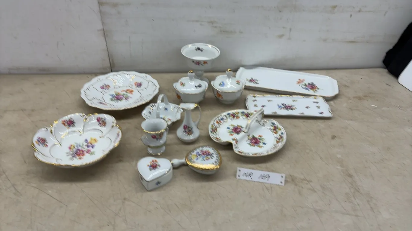 East Germany China (Deutsche Blumen) Floral Serving Set With Gold Trim, Trays, Bowls, Dishes