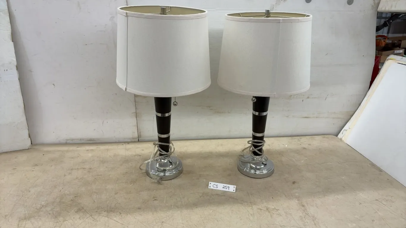Pair of Modern Table Lamps with Dark Wood Bodies, Chrome Bands, and White Drum Shades, 26” High