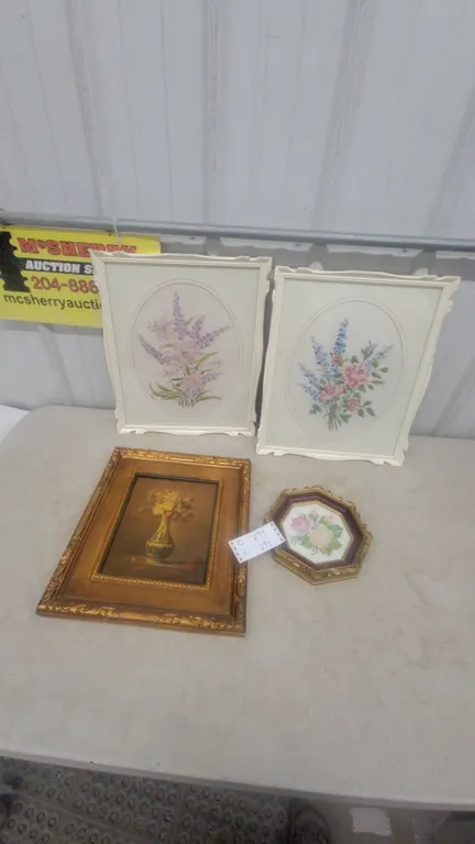 Framed Floral Needlepoint Art 2, Framed Still Life Painting, and Octagonal Floral Plaque
