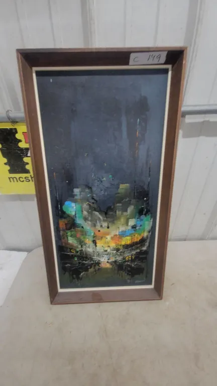 W. Carlson Abstract Cityscape Painting in Wood Frame, 13.6”×25.6”