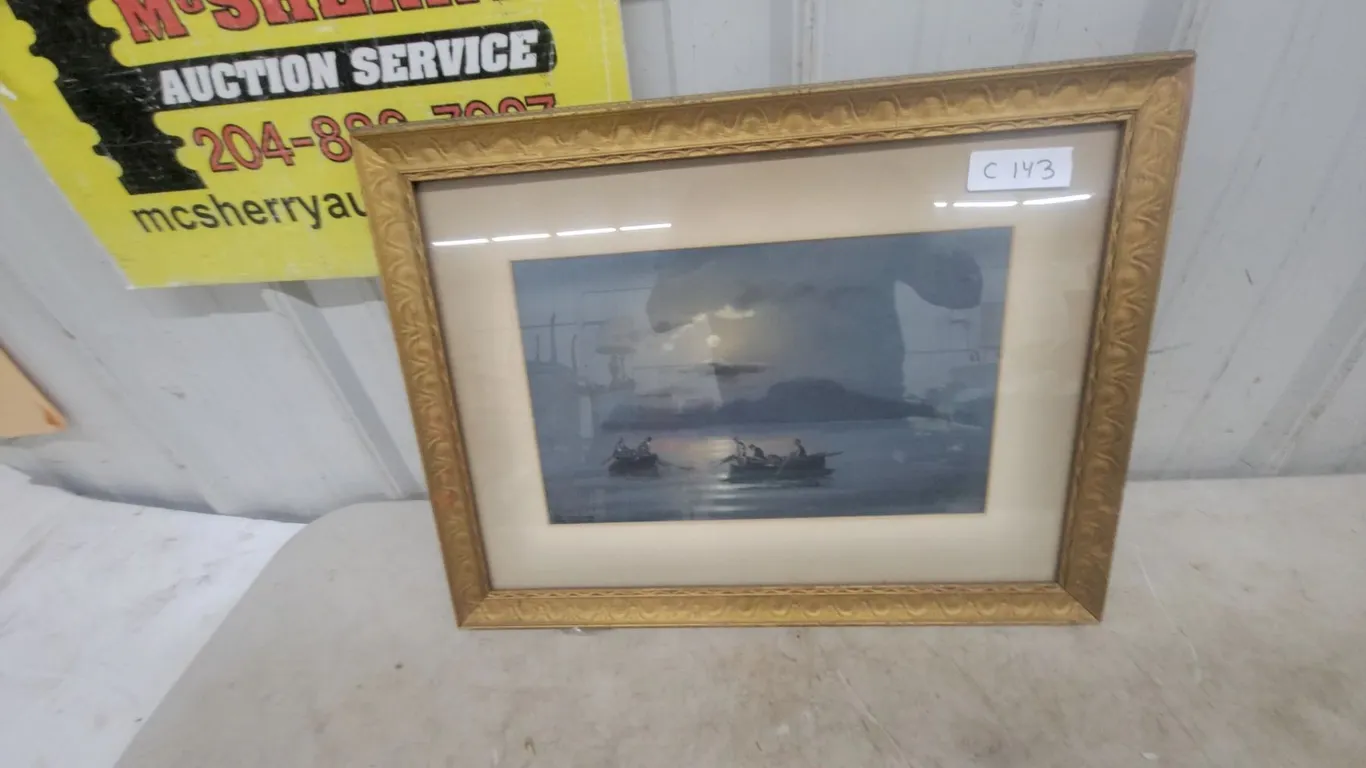Framed Print of Boats at Sunset, Signed, with Gold-Tone Frame and Matting 16”×21”