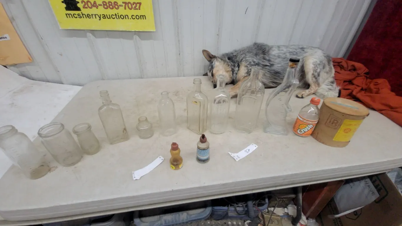 Assortment of Vintage Glass Bottles, Jars, Orange Crush Bottle, Wooden Container