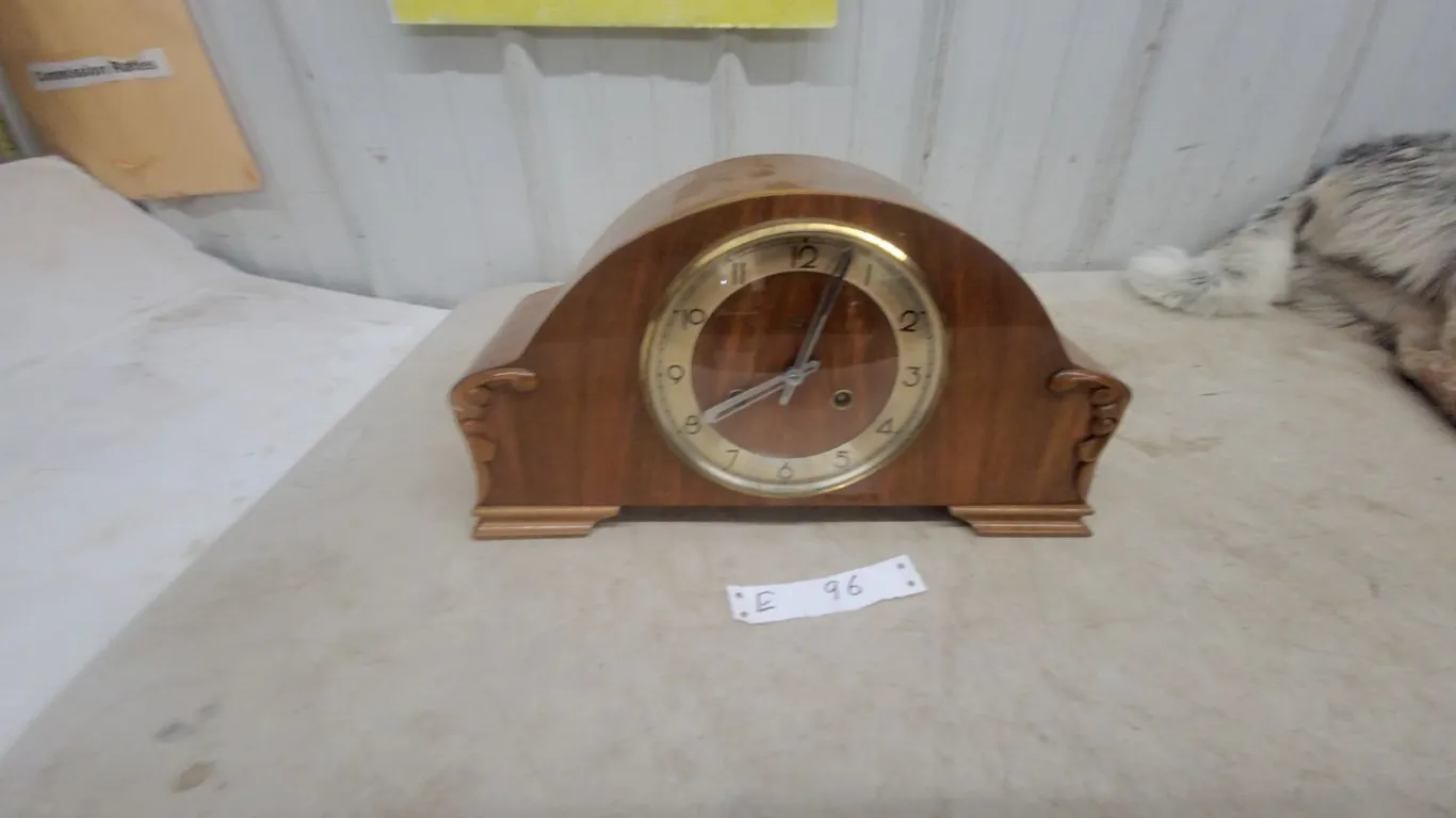 Vintage Wood Mantle Clock with Brass Bezel and Face, and Pendulum Movement