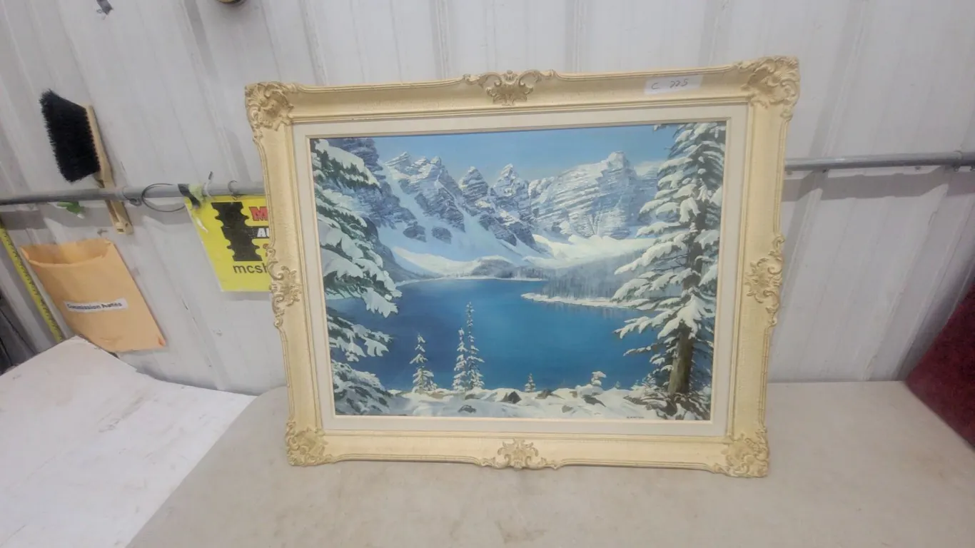 Framed Oil on Canvas Painting of a Winter Mountain Lake Scene 28”×36”