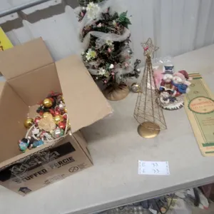 Christmas Decorations: Tabletop Tree, Box of Ornaments, Wire Tree Topper, Angel, and More some