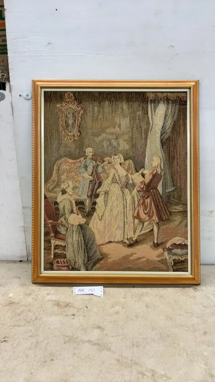 Framed Rococo-Style Tapestry Reproduction Depicting 18th-Century Interior Scene With Figures
