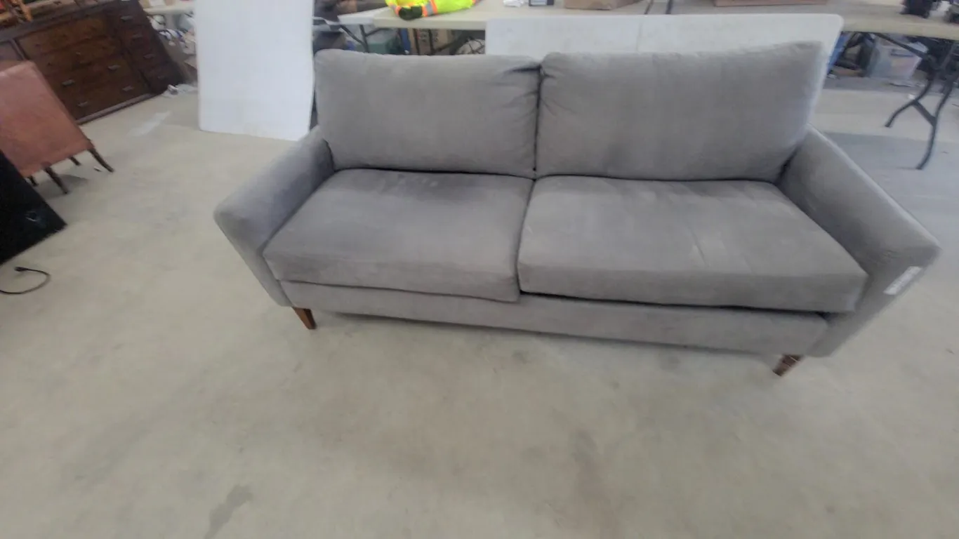 Gray Upholstered Sofa with Two Seat Cushions and Two Back Cushions 75” wide