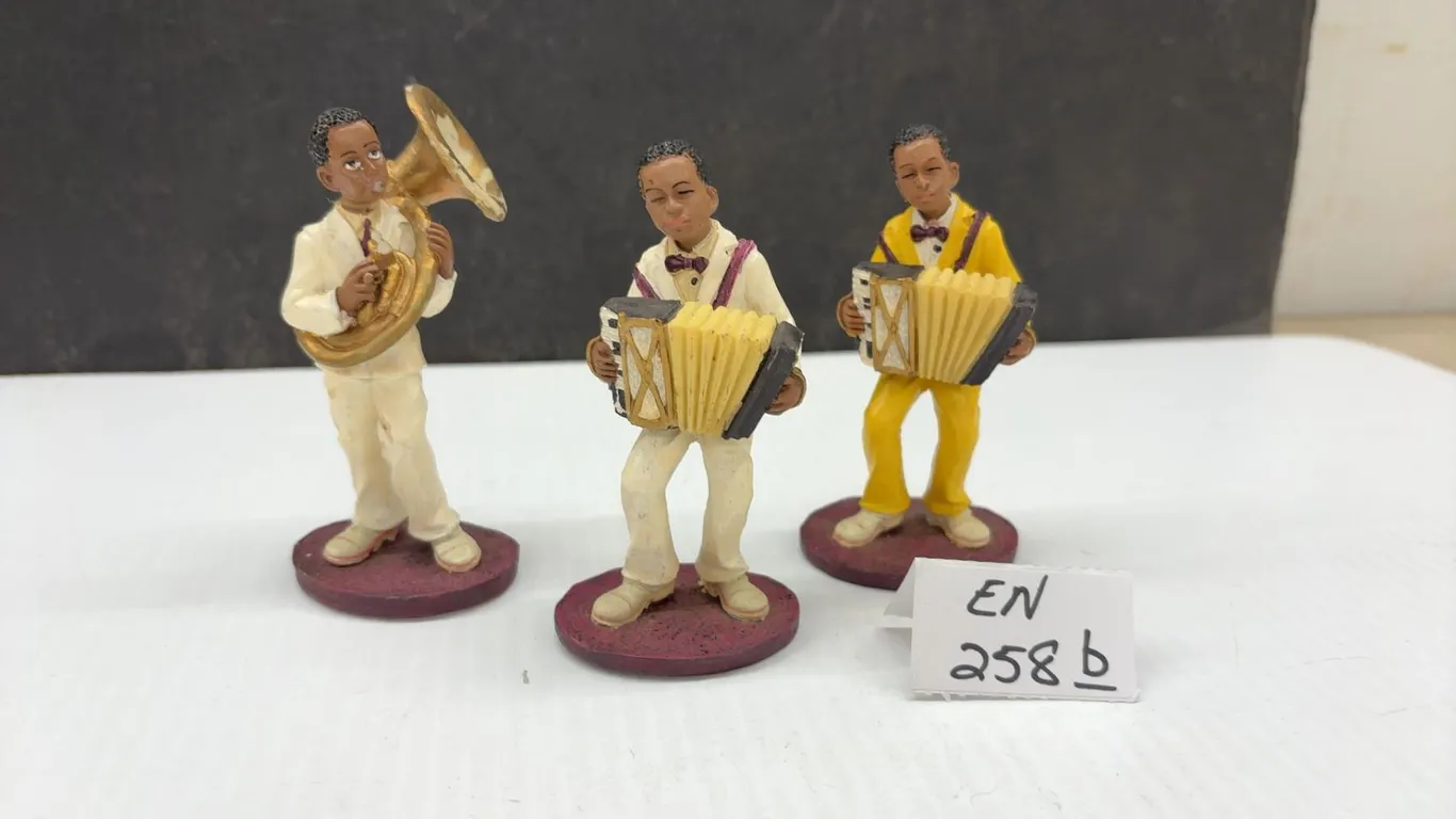 Three Hand-Painted Resin Jazz Musician Figurines with Tuba and Accordions, 4” Tall