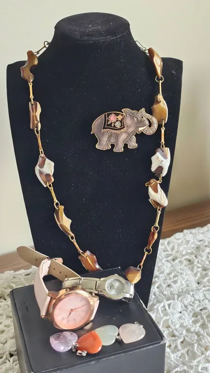 Costume Jewellery Lot: Watches, Elephant Brooch, Beaded Necklace, Stone Pendants