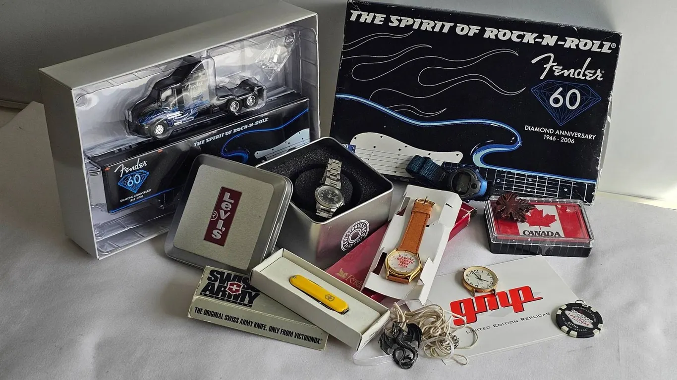Fender 60th Diamond Anniversary Collector Lot With Watches and Knife
