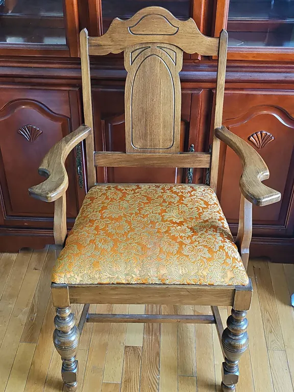 National Table Co. Oak Armchair with Upholstered Seat