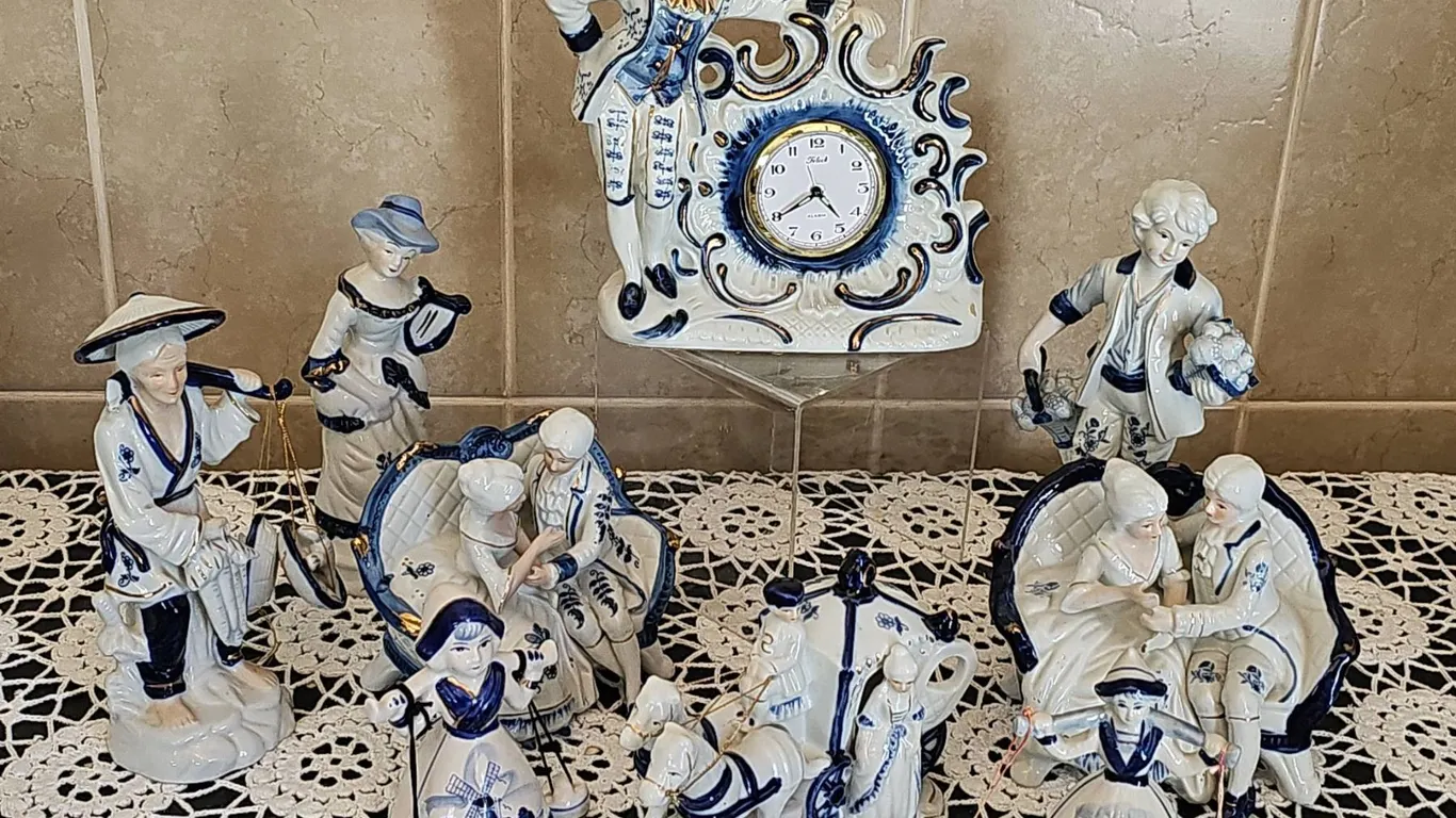 Blue and White Porcelain Figurines and Clock