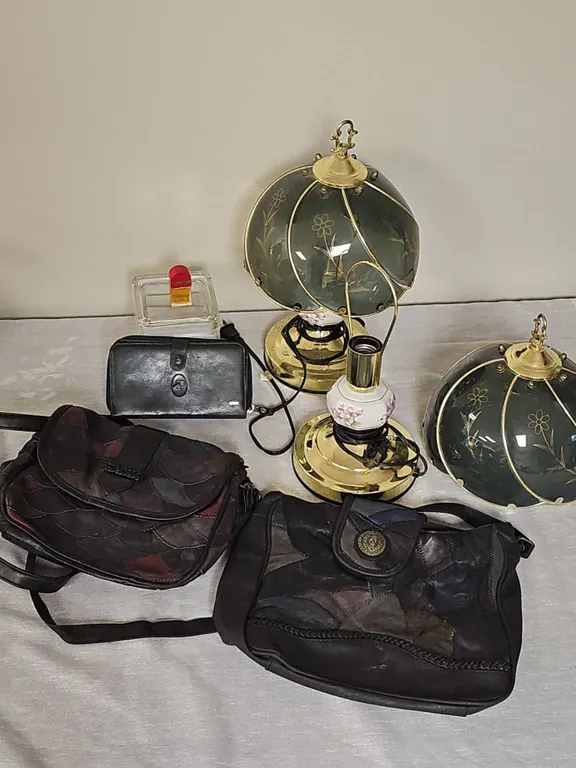 2 Patchwork Leather Bags, 2 Table Lamps, Perfume, and Wallet