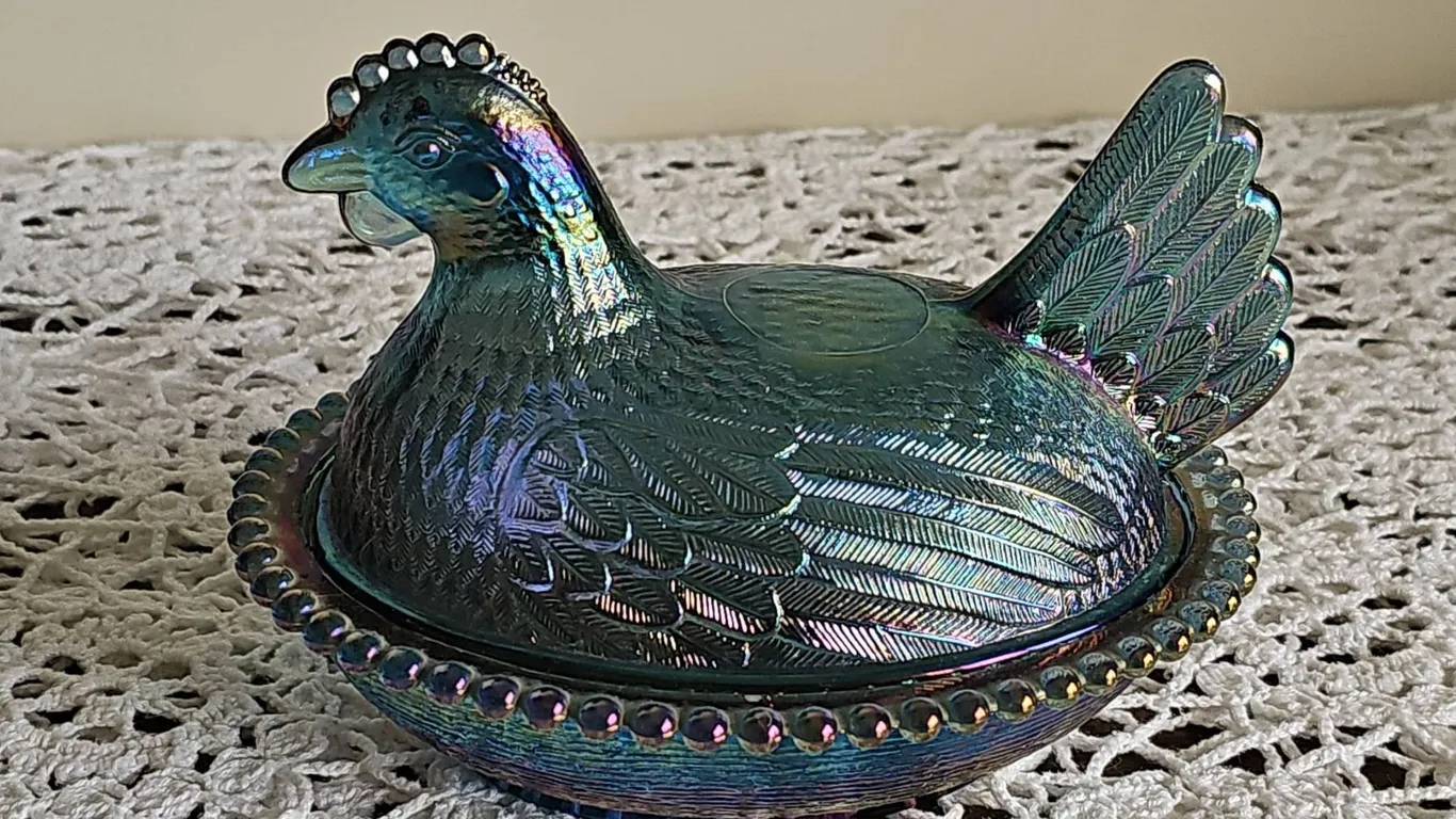Blue Carnival Glass Hen on Nest Covered Dish