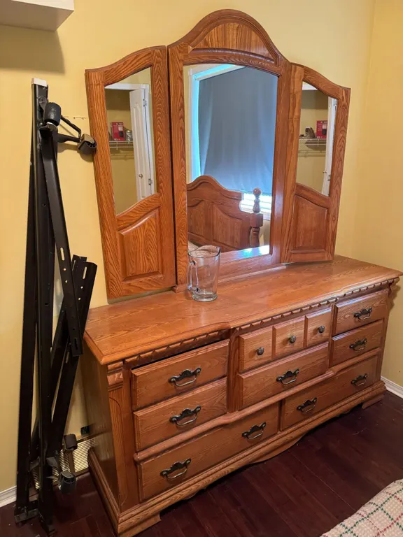 Oak Dresser With Mirror and Hardware/Bedframe