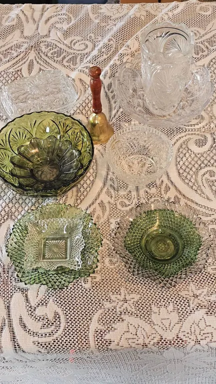 Green and Clear Pressed Glassware With Brass Bell