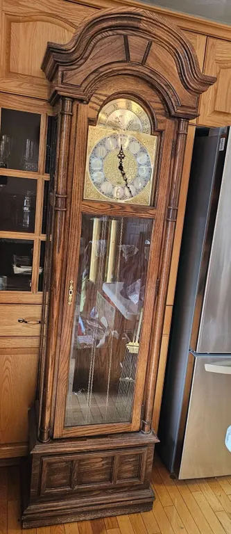 Oak Case Grandfather Clock with Brass Pendulum and Weights