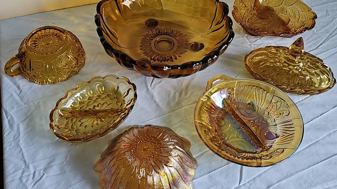 Amber Carnival Glass Dishes, 7 Piece Set