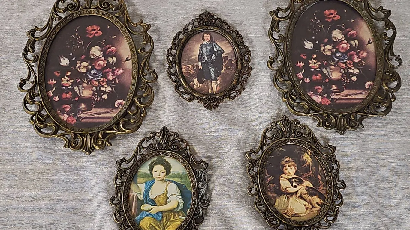 5 Italian Ornate Brass Framed Miniature Art Prints