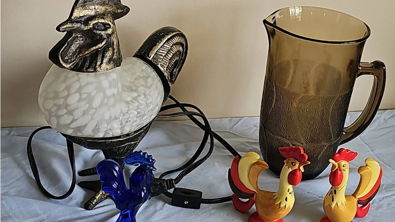 Rooster Table Lamp, Smoky Glass Pitcher, and Rooster Figurines Lot