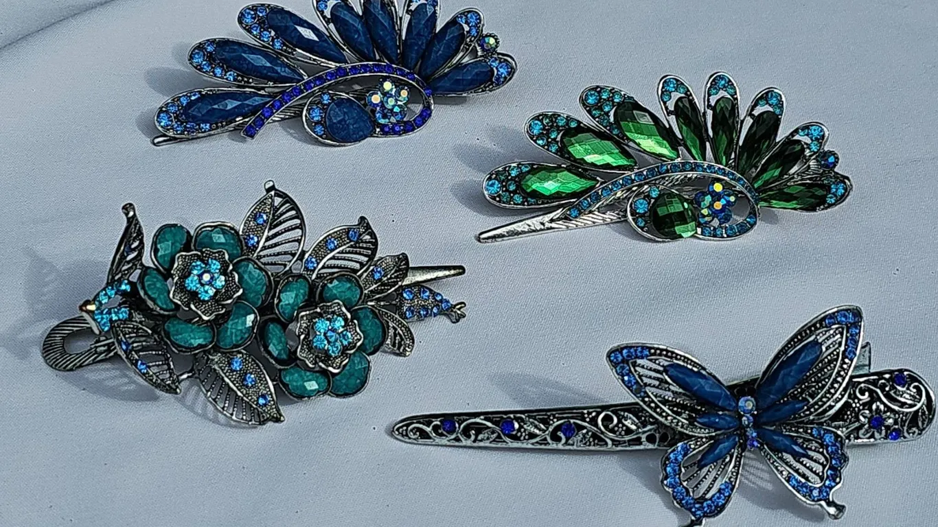 Four Decorative Metal Hair Clips with Gemstone Accents