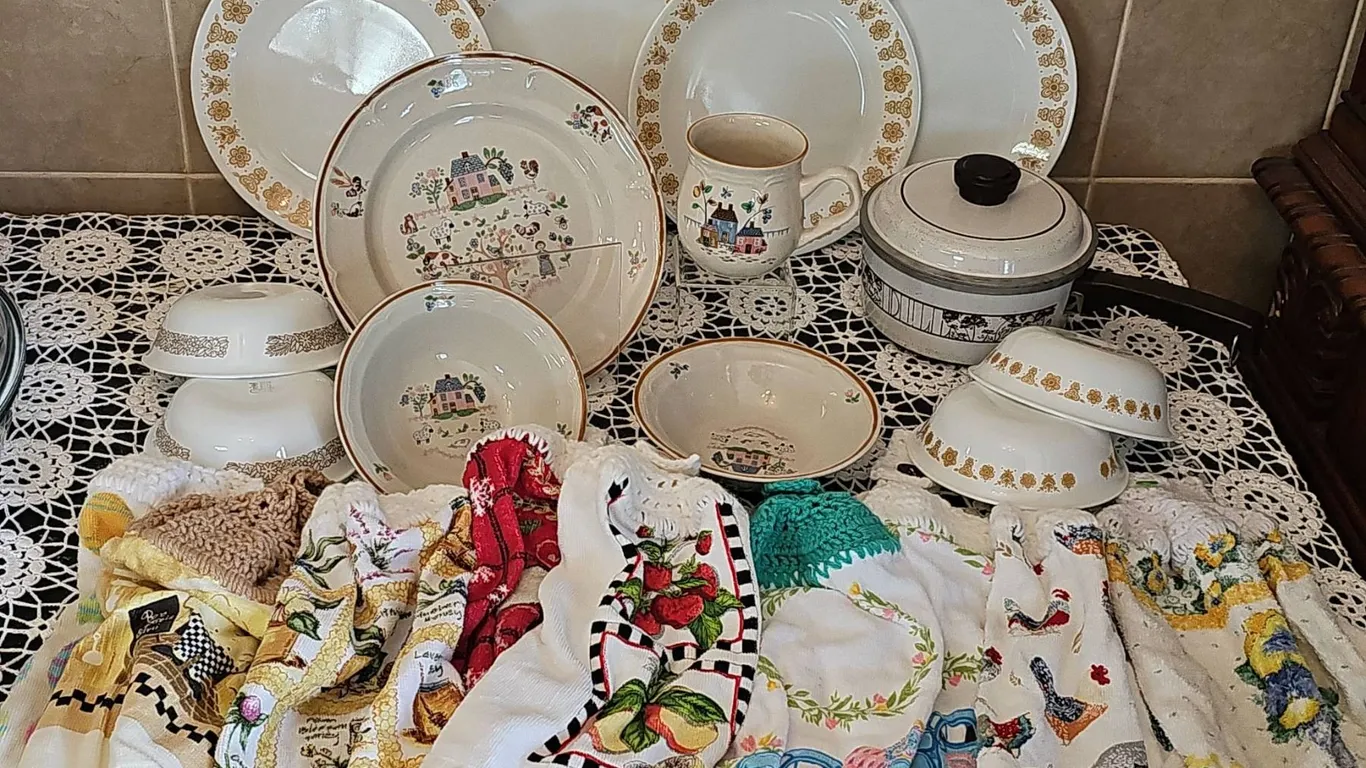 Stoneware Dinnerware, Corelle Plates, and Kitchen Linens Lot