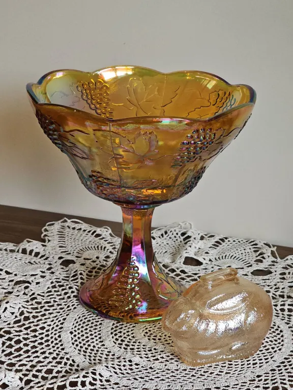Carnival Glass Compote and Marigold Glass Bunny Trinket